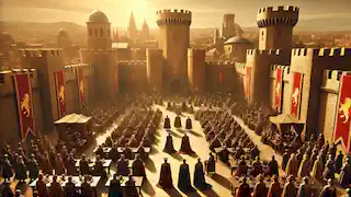 A royal gathering in King's Landing, with nobles dressed in lavish clothing and the Red Keep towering in the background.