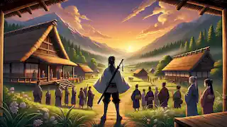 Haruto returns to his village at dawn, surrounded by grateful villagers celebrating his victory