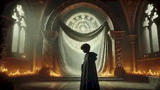  A young wizard stands solemnly in front of an ornate archway with a veil, surrounded by glowing orbs.