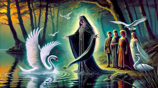 Aoife casts a spell, transforming the children into swans by the lake, as the forest looms around them.