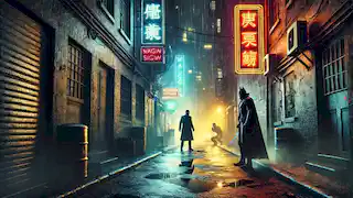  A dark alley with two shadowy figures in a tense confrontation amidst neon lights and wet streets.