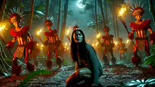 Lani encounters the Night Marchers in a Hawaiian forest, illuminated by glowing torches.