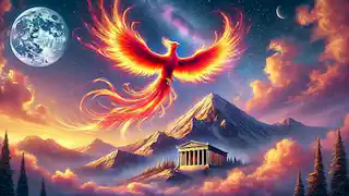 The Phoenix soaring above Mount Olympus, trailing fiery light against a vibrant sunset with snow-capped peaks below.