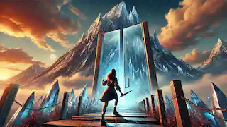 The girl stands before the glass mountain, holding a knife, ready to sacrifice her finger to open the gate.