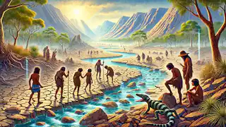 The first people facing a great drought, following the Rainbow Serpent's guidance to find hidden sources of water.