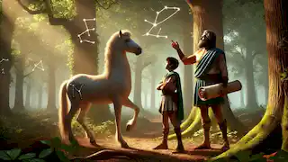 Chiron, the wise centaur, teaches a young hero in a peaceful forest, gesturing toward the stars with a scroll in hand.