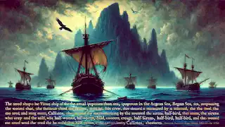 A ship approaches a misty island, while the mesmerized crew listens to the Sirens' song from the cliffs.