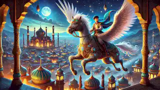 The prince riding the enchanted horse high above an exotic city.