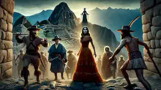 Amaru confronts Spanish conquistadors at Machu Picchu’s entrance, with mummies rising behind her.