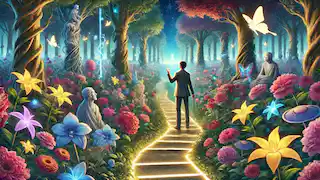 Arman in the surreal Garden of Illusions, confronting enchanting deceptions with determination and his talisman