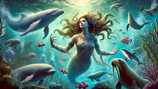 Sedna, as a sea goddess, commands marine animals in the ocean's depths, illuminated by a soft glow.