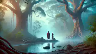 Dr. Martin and the elder perform a ritual by a mist-covered billabong, revealing a tranquil, reverent atmosphere.