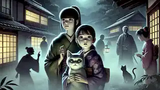 Ayame and her mother hold Tama in a misty night village as shadows of villagers look on.