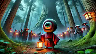 Villagers with lanterns face the Hitotsume-kozou in a misty forest, its single eye watching from the shadows.