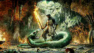 Sir Alaric stands victorious over the Basilisk, holding the Blade of Fire in a glowing cavern.