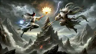 Chen Xiang battles Erlang Shen atop Mount Hua, their powers shaking the mountain as lightning flashes through storm clouds.