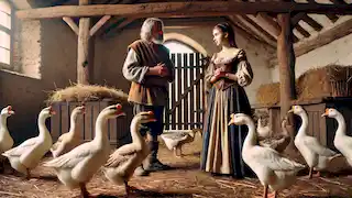 Gisela disguised as a goose girl, talking to Conrad in a rustic stable.