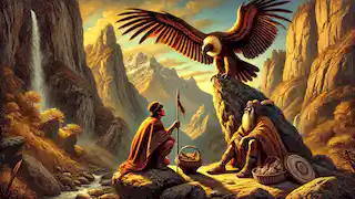 Lituche and Kuyén encounter a wise condor perched on a rocky ledge in a dramatic mountain pass