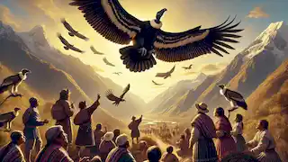 Kuntur, now a mature condor, soars in the sky as villagers below look up in awe.