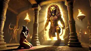 Narasimha, the man-lion avatar, emerges from a stone pillar to confront the demon king Hiranyakashipu.