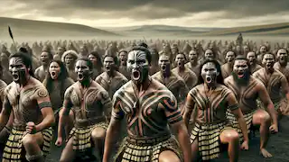 A group of Māori warriors performing the haka on a battlefield with an overcast sky and distant hills.