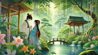 Urashima Taro and Princess Otohime in the palace gardens, falling in love.