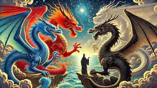 The four dragons—Azure, Red, Black, and White—gather at the celestial sea, discussing how to help the people of China