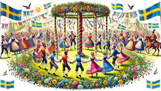 Traditional Swedish festival with people dancing around the maypole and wearing colorful costumes.