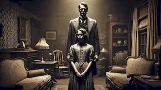 Miss Emily and her stern father standing in a dim parlor, her father’s shadow cast over her, symbolizing control.