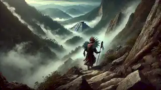 Atl climbs the steep mountain path, mist swirling around him as he approaches the peak and Tlaloc's palace.