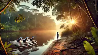 Young Antônio by the Amazon River at sunrise, surrounded by playful pink dolphins, reflecting his bond with nature.