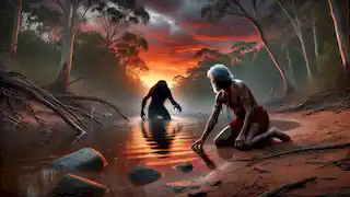 Elderly Aboriginal man Gari kneels by the river as the Bunyip emerges from the water behind him.