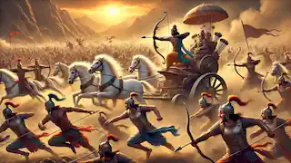 Arjuna and Krishna in battle during the Kurukshetra War, Bhishma fighting in the distance amidst the chaos.