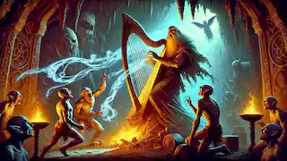 The Dagda calls his glowing harp, surrounded by Fomorians in a dark cavern, illuminated by firelight and the harp's glow.