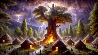 Mapuche village during a storm, with a lightning-struck tree and villagers huddled in their rucas.