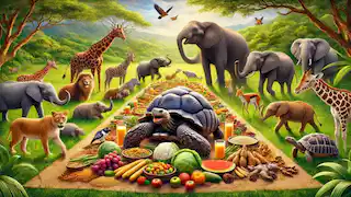 Animals celebrating with Ijapa the tortoise at a grand feast, sharing food and laughter.