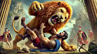 Heracles wrestling the Nemean Lion in a fierce struggle.