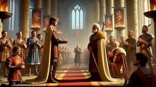 Sir Edmund stands before King Arlen in the great hall, receiving the kingdom's gratitude after defeating the Cockatrice.