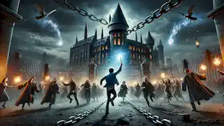 Wizards and witches break free from a wizarding prison, led by a young wizard holding his wand high in triumph.