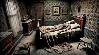 Homer Barron’s decayed body lies on an old bed in a dusty room, with a strand of Miss Emily's gray hair on the pillow.