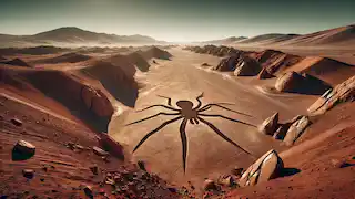 Spider geoglyph etched in the Nazca desert, surrounded by rocky terrain and under a bright blue sky.