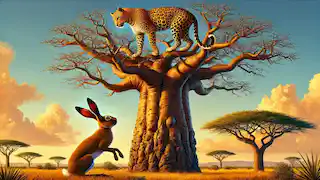 The Leopard sits atop a tall baobab tree while the Hare watches from below, ready with his next trick.