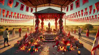 Modern-day shrine of Gauchito Gil adorned with red flags and offerings.