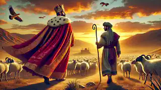 The king walks away from the shepherd at sunset, his cloak flowing in the wind.