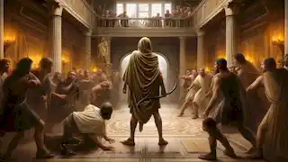 Odysseus draws his bow in the grand hall, preparing to face the suitors who have overtaken his home.