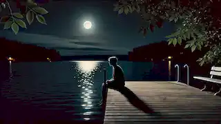 Harriet sitting alone on the dock at night, gazing at the moonlit lake with a thoughtful expression.