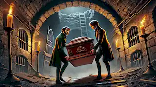 The narrator and Roderick Usher place Lady Madeline's coffin in the dark, damp vault.