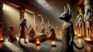 Young Anubis learns mummification rites in a dimly lit temple, observing priests’ sacred preparations.