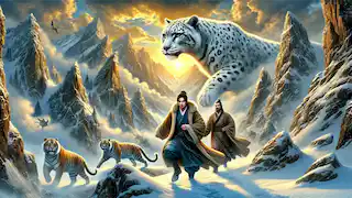 Lu Fei and Ming climb snowy Mount Wutai, guided by a snow leopard under a golden sunrise.