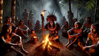 Yanomami shaman performing a spiritual ritual at night with glowing embers and villagers observing.